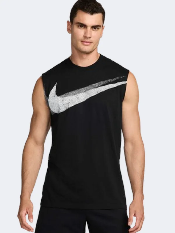 Men's short-sleeve linen shirt-Nike Df Sl Swoosh Men Training T-Shirt Black/White