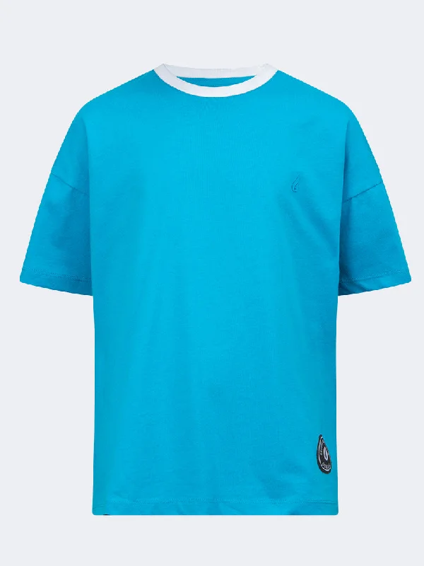 Men's short-sleeve surfing teal shirt-Oil And Gaz Round Neck Kids-Girls Lifestyle T-Shirt Blue/White