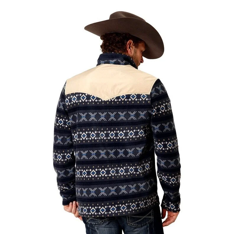 Men's faux-fur jackets-Roper Western Jacket Mens Aztec Fleece Zip Navy 03-097-0692-6161 BU