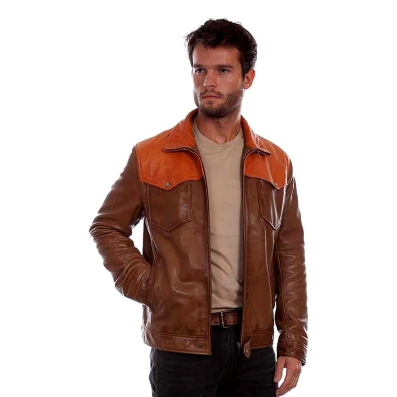 Men's sun-resistant jackets-Scully Western Jacket Mens Zip Contrast Leather Saddle Tan F0_2018