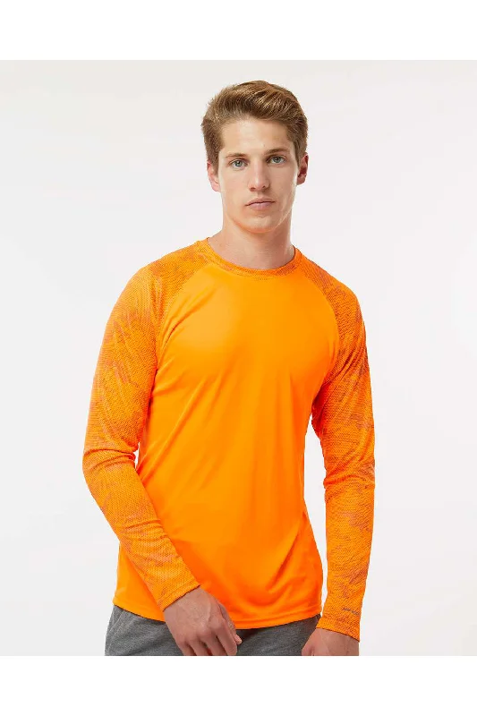 Men's short-sleeve beige linen top-Paragon Mens Cayman Performance Moisture Wicking Camo Colorblock Long Sleeve Crewneck T-Shirt - Neon Orange