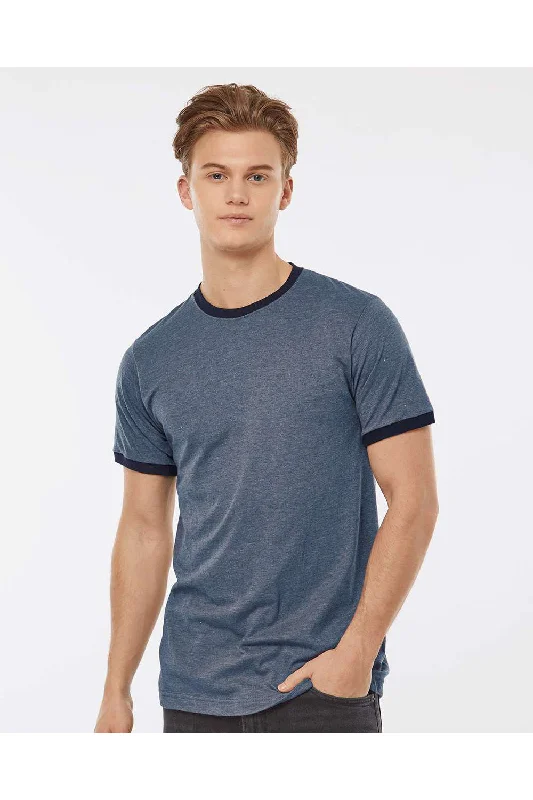 Men's short-sleeve plain tee-Tultex Mens Fine Jersey Ringer Short Sleeve Crewneck T-Shirt - Heather Denim Blue/Navy Blue