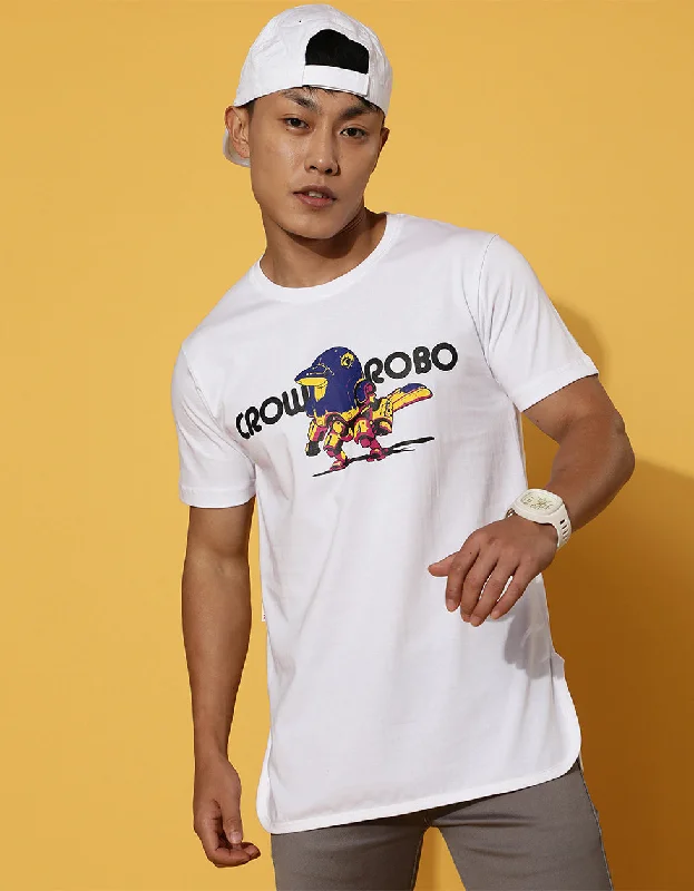 Men's short-sleeve blue polyester tee-Crow Robo White High Low Regular Graphic Printed Tshirt