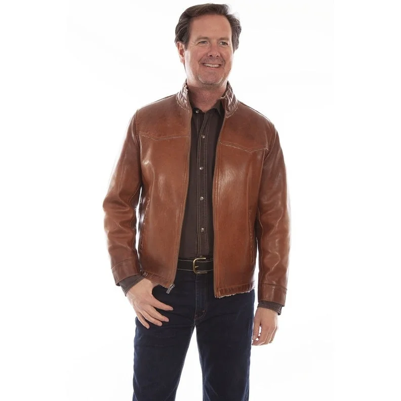 Men's bold jackets-Scully Western Jacket Mens Leather Zip High Collar Cognac F0_1083