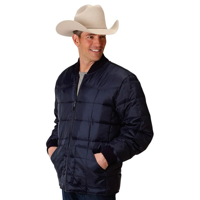 Men's cold-weather jackets-Roper Western Jacket Mens Zip Quilted Poly Navy 03-097-0761-0525 BU