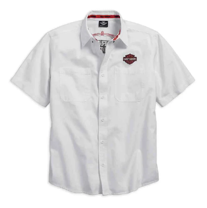 Men's short-sleeve luxury tee-Harley-Davidson® Men's Pinstripe Flames Button Woven Shirt, White 99050-16VM