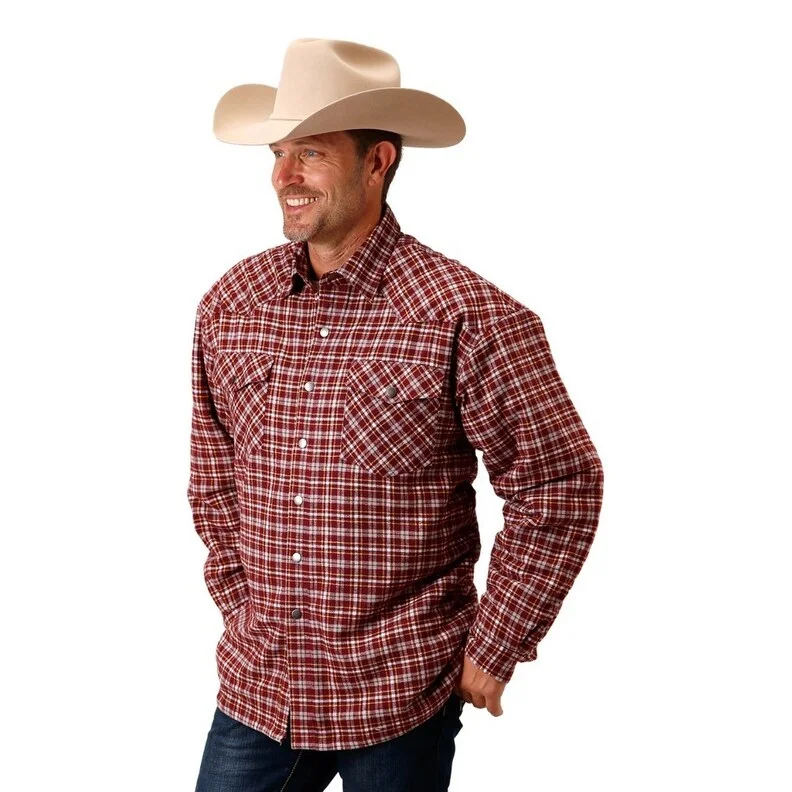 Men's thermal jackets-Roper Western Jacket Mens Flannel Snap Wine 03-097-0119-3696 WI