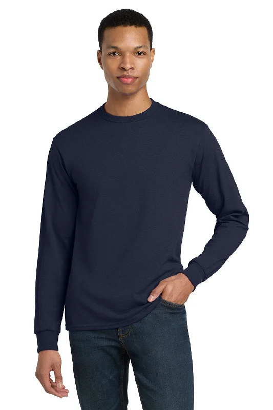 Men's short-sleeve teal printed shirt-Gildan Mens DryBlend Moisture Wicking Long Sleeve Crewneck T-Shirt - Navy Blue