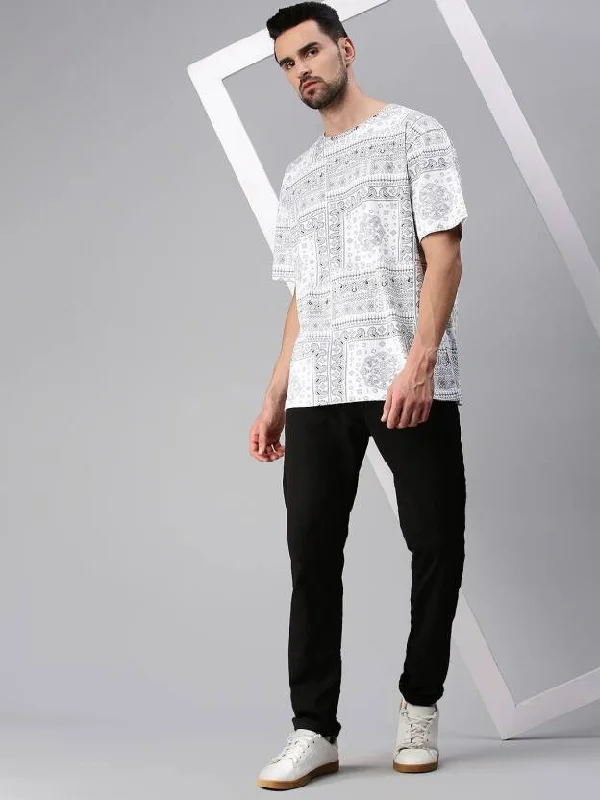 Men's short-sleeve hemp casual shirt-Paisley White Oversized All Over Printed Tshirt