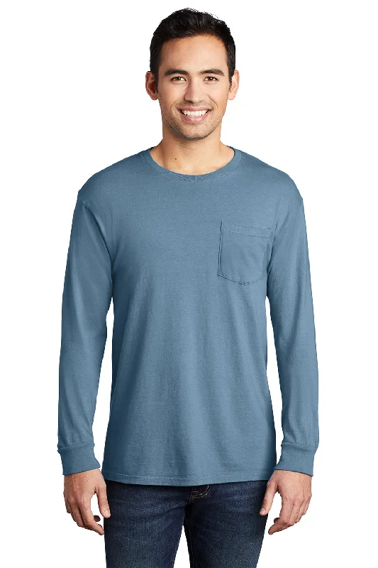 Men's short-sleeve striped shirt-Port & Company Mens Beach Wash Long Sleeve Crewneck T-Shirt w/ Pocket - Mist Blue - Closeout