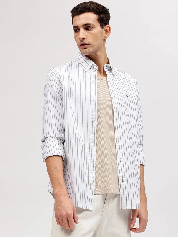 Men's short-sleeve button-up shirt-Gant Men White Striped Button-down Collar Full Sleeves Shirt