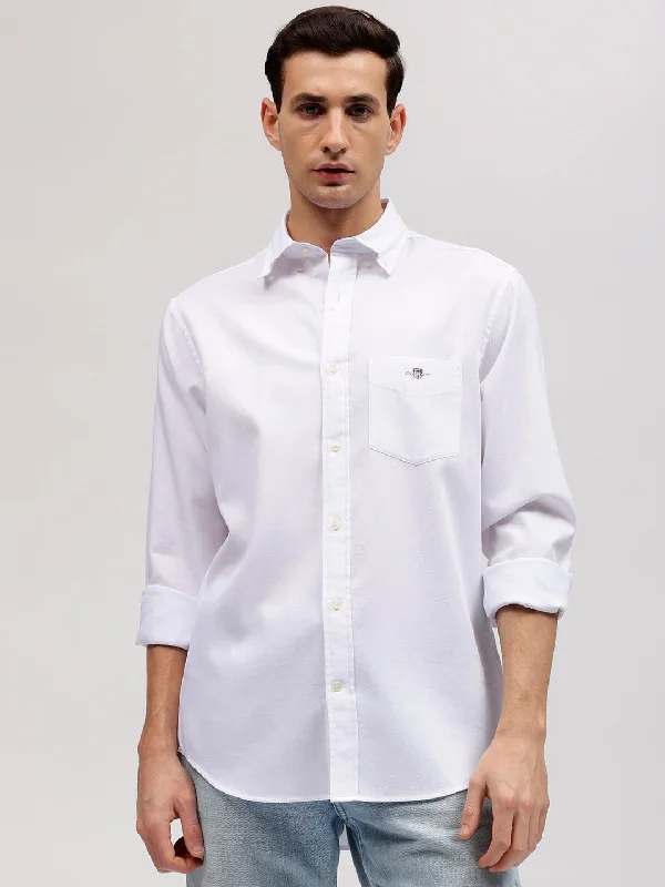 Men's short-sleeve brown vintage top-Gant Men White Solid Button-down Collar Full Sleeves Shirt