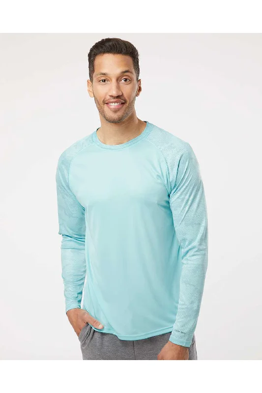 Men's short-sleeve premium linen shirt-Paragon Mens Cayman Performance Moisture Wicking Camo Colorblock Long Sleeve Crewneck T-Shirt - Aqua Blue - Closeout