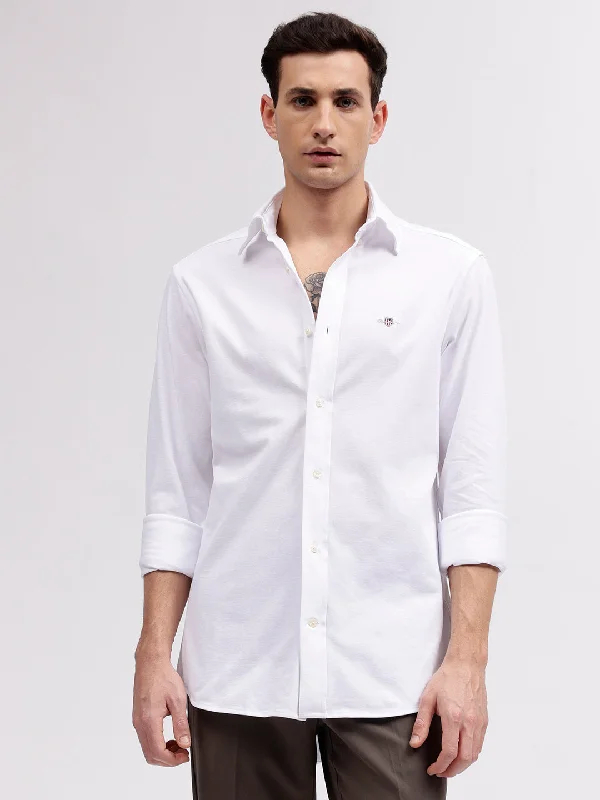 Men's short-sleeve summer shirt-Gant Men White Solid Button-down Collar Full Sleeves Shirt