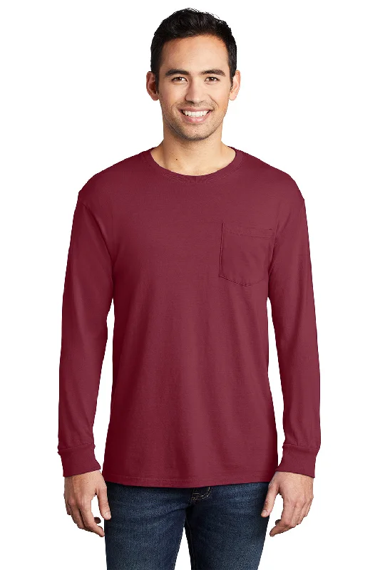 Men's short-sleeve Hawaiian shirt-Port & Company Mens Beach Wash Long Sleeve Crewneck T-Shirt w/ Pocket - Merlot Red - Closeout