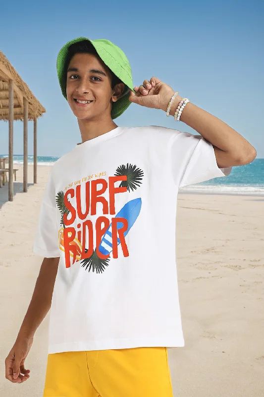 Men's short-sleeve oversized tee-Surf Rider White Oversized Graphic Front Printed Boys T-shirt