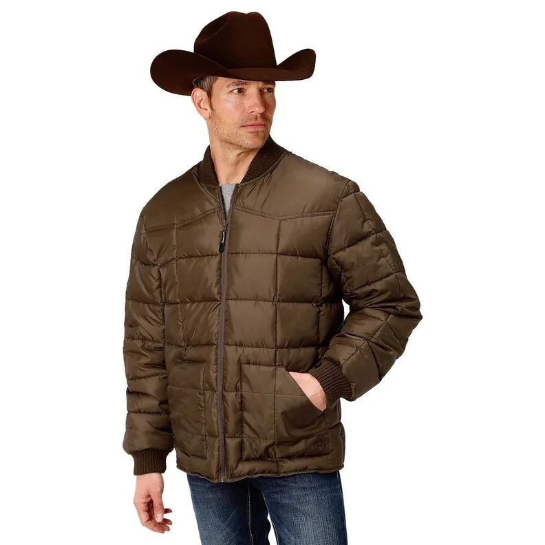 Men's water-resistant jackets-Roper Western Jacket Mens Quilted Logo Zip Brown 03-097-0761-0526 BR