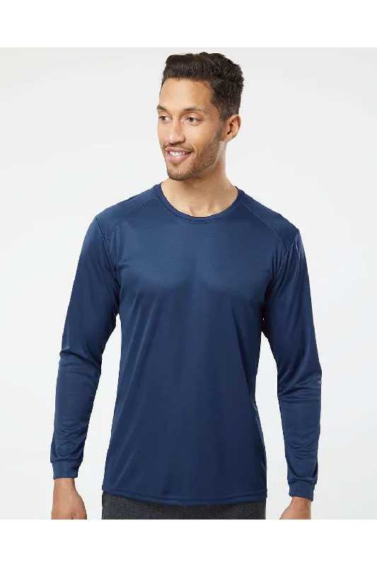 Men's short-sleeve yoga white tee-Paragon Mens Islander Performance Moisture Wicking Long Sleeve Crewneck T-Shirt - Navy Blue