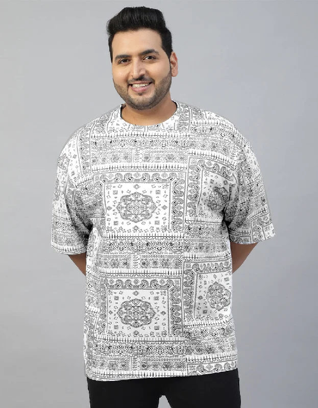 Men's short-sleeve camping brown top-Paisley White Oversized Plus Size All Over Printed Tshirt