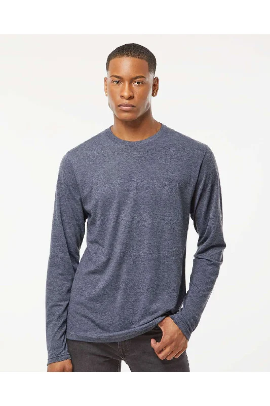 Men's short-sleeve designer shirt-Tultex Mens Poly-Rich Long Sleeve Crewneck T-Shirt - Heather Navy Blue