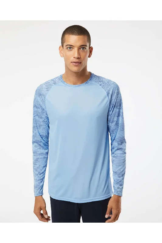 Men's short-sleeve gold designer tee-Paragon Mens Cayman Performance Moisture Wicking Camo Colorblock Long Sleeve Crewneck T-Shirt - Blue Mist