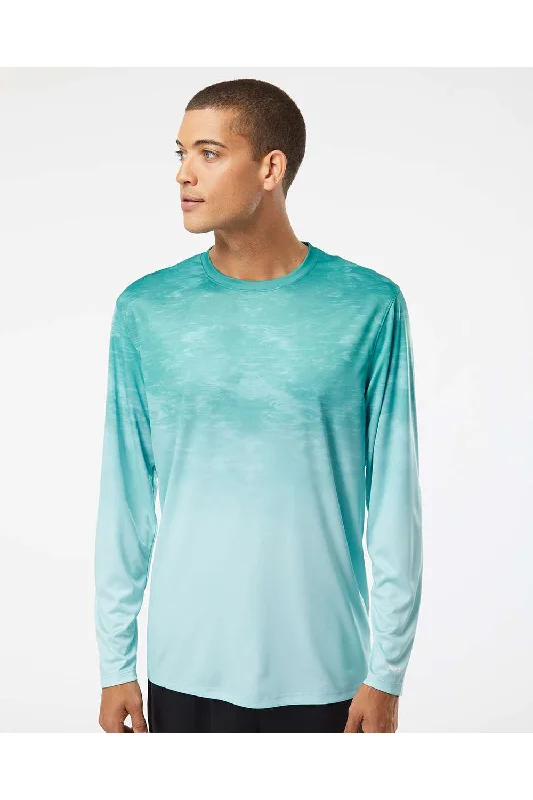 Men's short-sleeve V-neck tee-Paragon Mens Montauk Oceanic Fade Performance Moisture Wicking Long Sleeve Crewneck T-Shirt - Aqua Blue Fade - Closeout