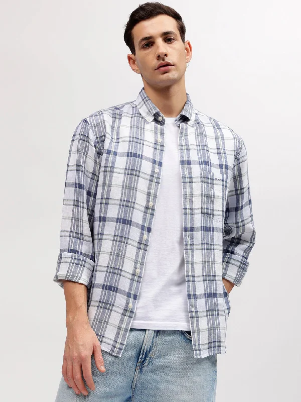 Men's short-sleeve graphic tee-Gant Men Off White Checked Button-down Collar Full Sleeves Linen Shirt