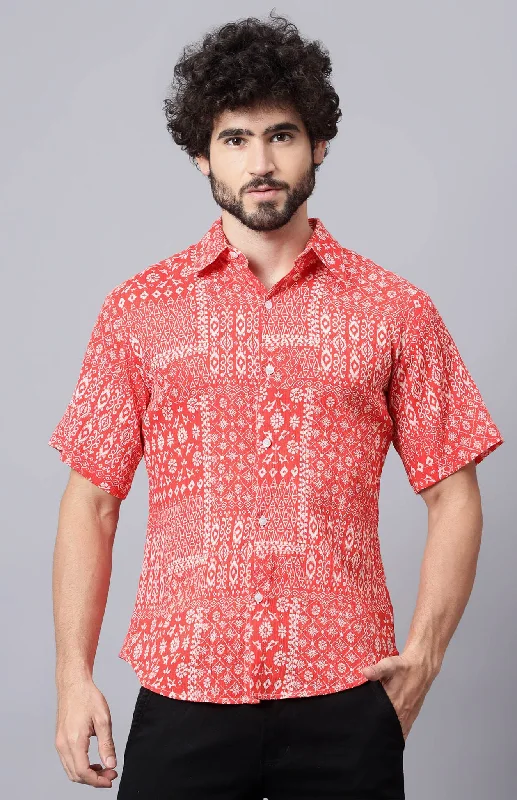 Men's short-sleeve slim fit shirt-Fiesta Fire | Red & White Abstract Summer Shirt