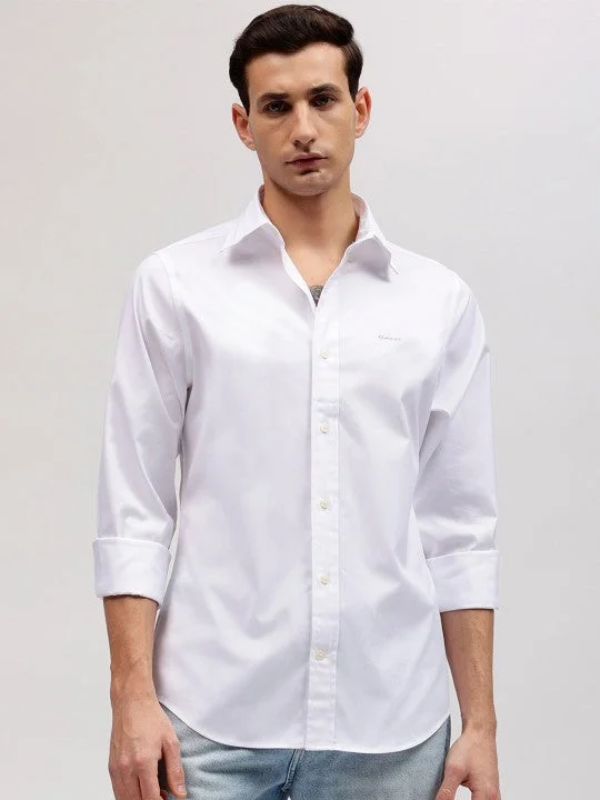 Men's short-sleeve elegant dress shirt-Gant Men White Solid Button-down Collar Full Sleeves Shirt