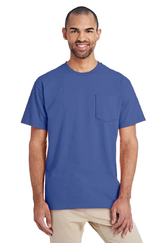 Men's short-sleeve bright color tee-Gildan Mens Hammer Short Sleeve Crewneck T-Shirt w/ Pocket - Flo Blue - Closeout