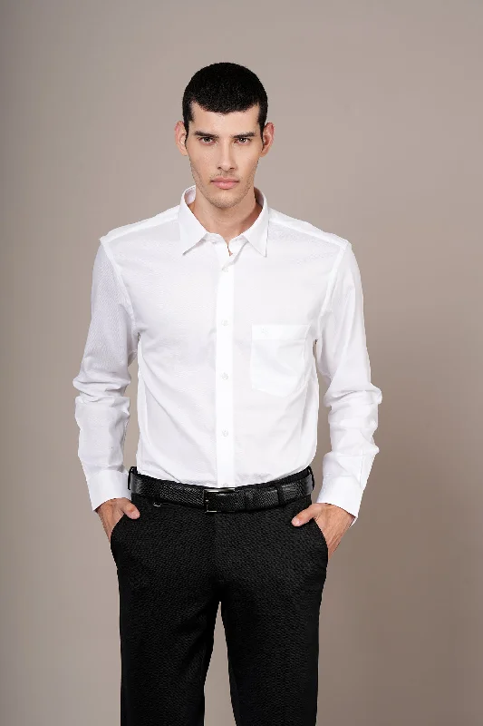 Men's short-sleeve designer shirt-Men's White Self Design Full Sleeves Formal Shirt