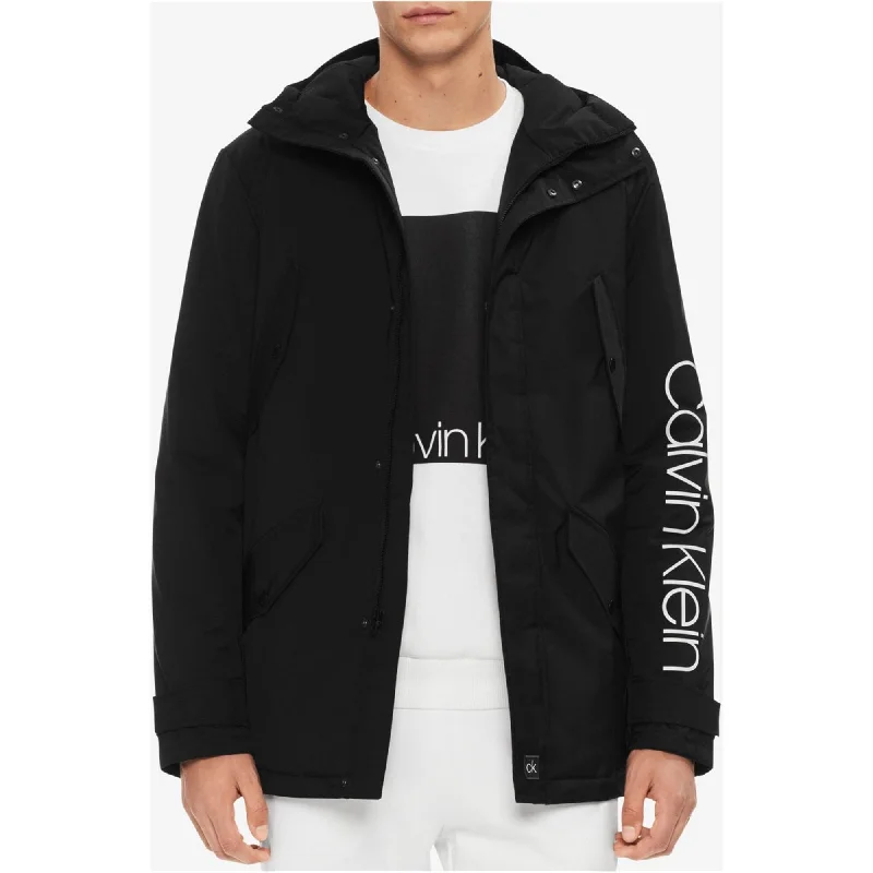 Men's neutral jackets-Calvin Klein Mens Hooded Water Resistant Jacket, Black, Large