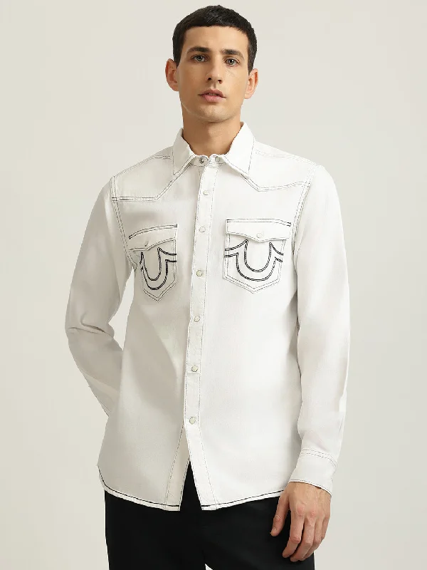 Men's short-sleeve indigo casual shirt-True Religion Men White Solid Spread Collar Full Sleeves Shirt