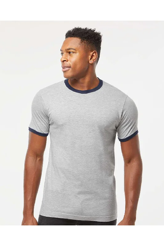 Men's short-sleeve V-neck tee-Tultex Mens Fine Jersey Ringer Short Sleeve Crewneck T-Shirt - Heather Grey/Navy Blue