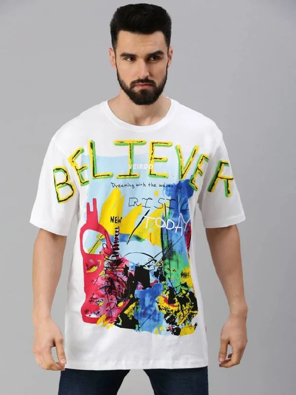 Men's short-sleeve dress shirt-Believer White Oversized Front Graphic  Printed Tshirt(Free Size)