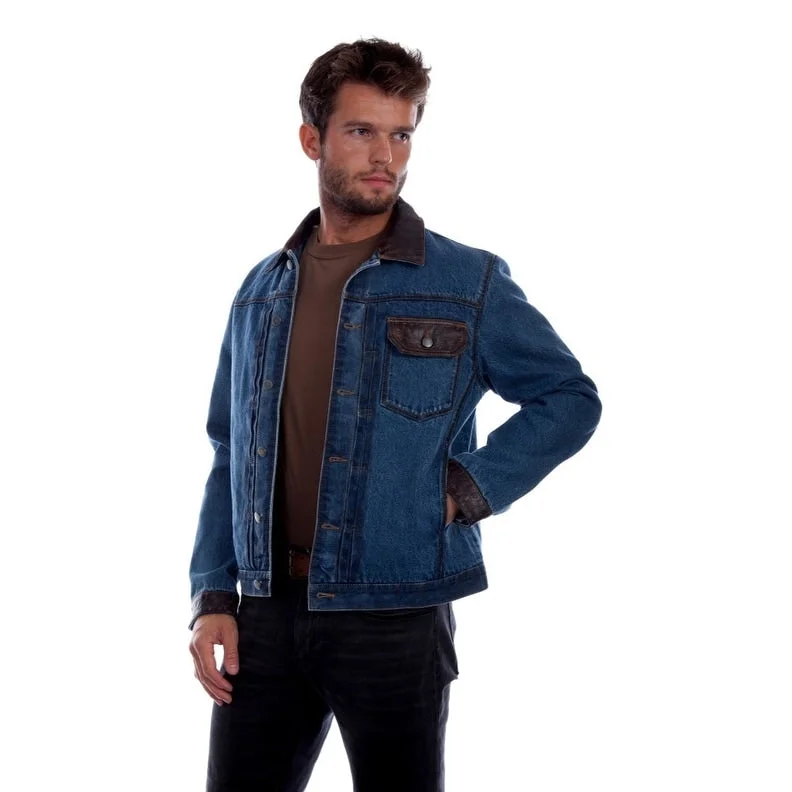 Men's winter jackets-Scully Western Jacket Mens Jean Leather Trim Button Denim F0_2014