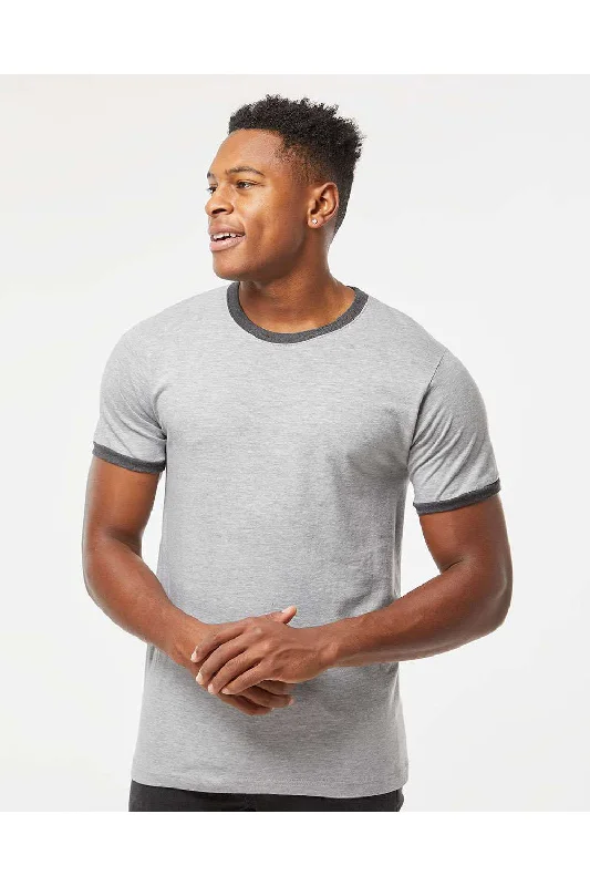 Men's short-sleeve summer shirt-Tultex Mens Fine Jersey Ringer Short Sleeve Crewneck T-Shirt - Heather Grey/Heather Charcoal Grey