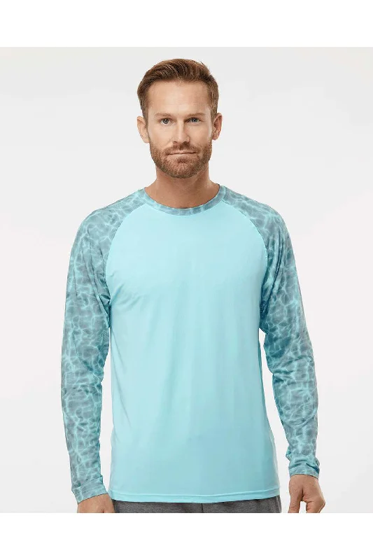 Men's short-sleeve dress shirt-Paragon Mens Panama Colorblock Moisture Wicking Long Sleeve Crewneck T-Shirt - Grey Aqua Water - Closeout