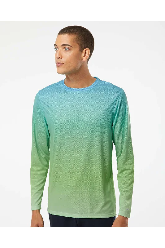 Men's short-sleeve festival shirt-Paragon Mens Barbados Performance Moisture Wicking Pin Dot Long Sleeve Crewneck T-Shirt - Aqua Blue/Light Lime Green