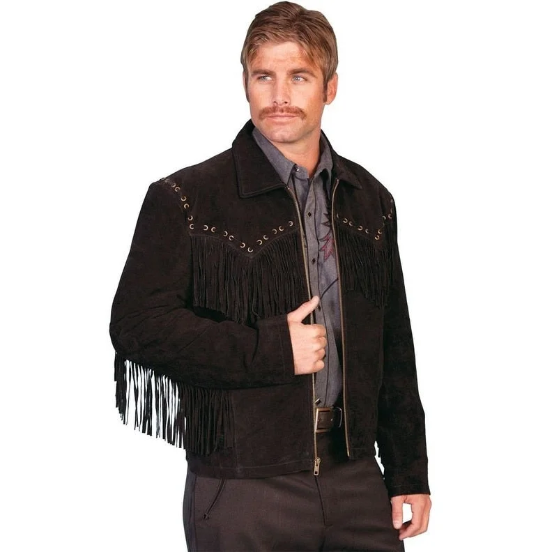 Men's black jackets-Scully Western Jacket Mens Boar Suede Leather Zip Fringe F0_221