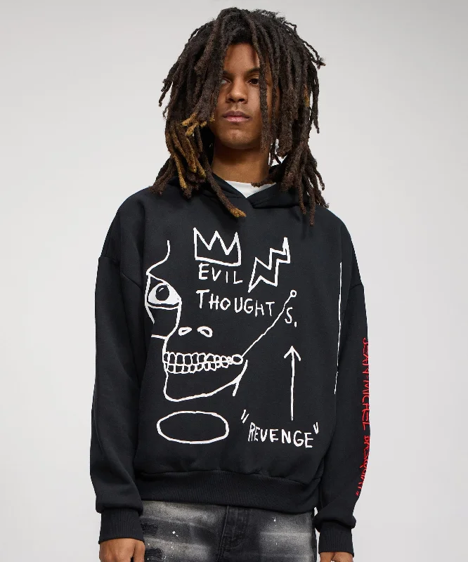 Men's hoodie with abstract art-Basquiat™ Evil Thoughts Embroidered Hoodie - Black