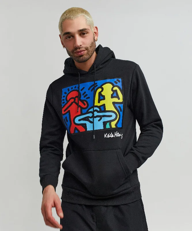 Men's hoodie with geometric pattern-Keith Haring Characters Hoodie - Black