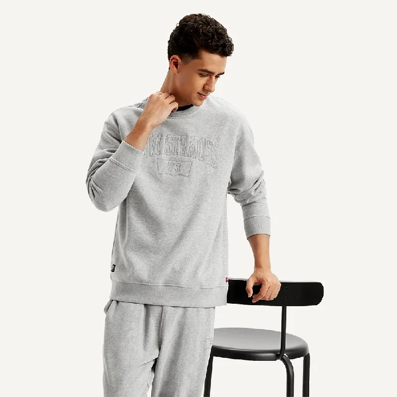 Men's hoodie for college-Men's Embroidered Grey Crew Neck Sweatshirt