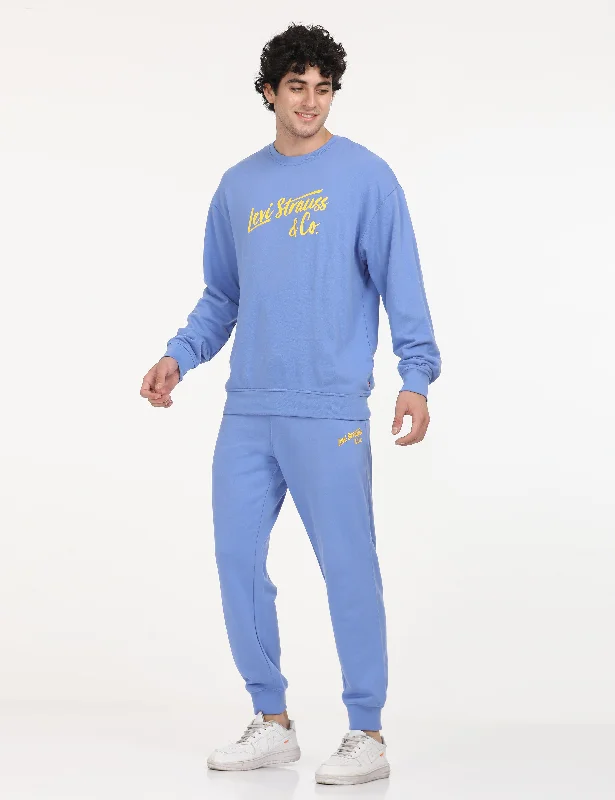 Men's hoodie with anti-slip cuffs-Men's Solid Blue Crew Neck Sweatshirt