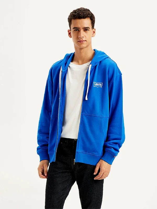 Men's hoodie for travel-Men's Solid Blue Hooded Sweatshirt