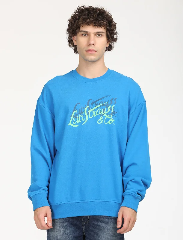 Men's hoodie with graffiti art-Men's Solid Dark Blue Crew Neck Sweatshirt