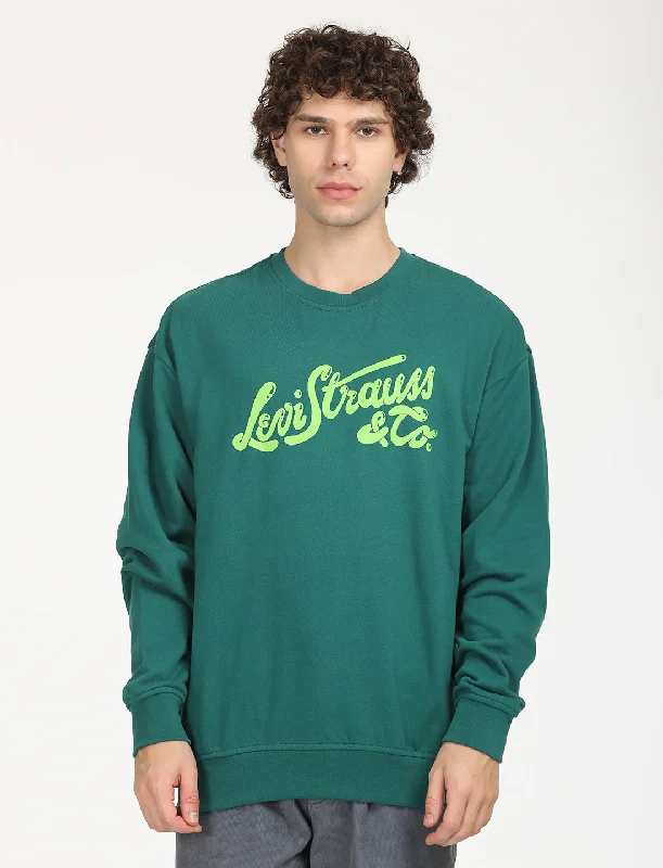 Men's hoodie with textured logo-Men's Solid Green Crew Neck Sweatshirt