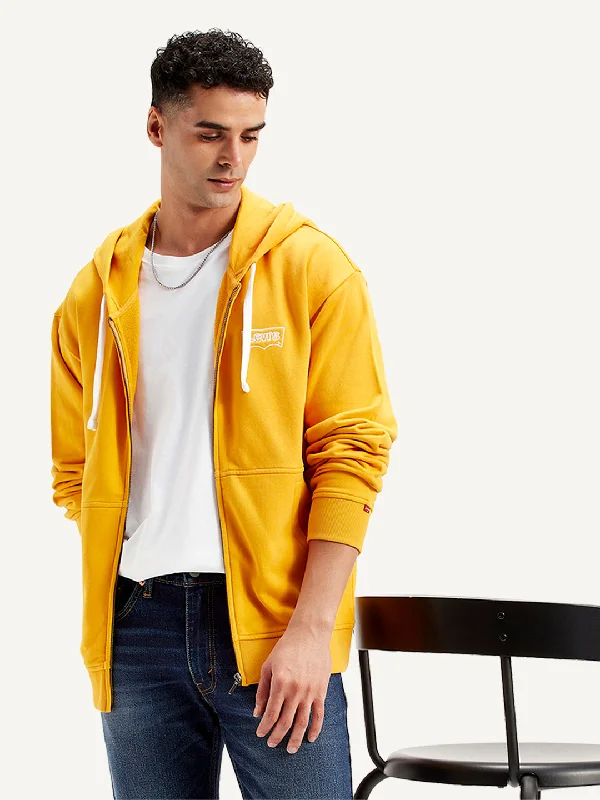 Men's hoodie with button details-Men's Solid Mustard Hooded Sweatshirt