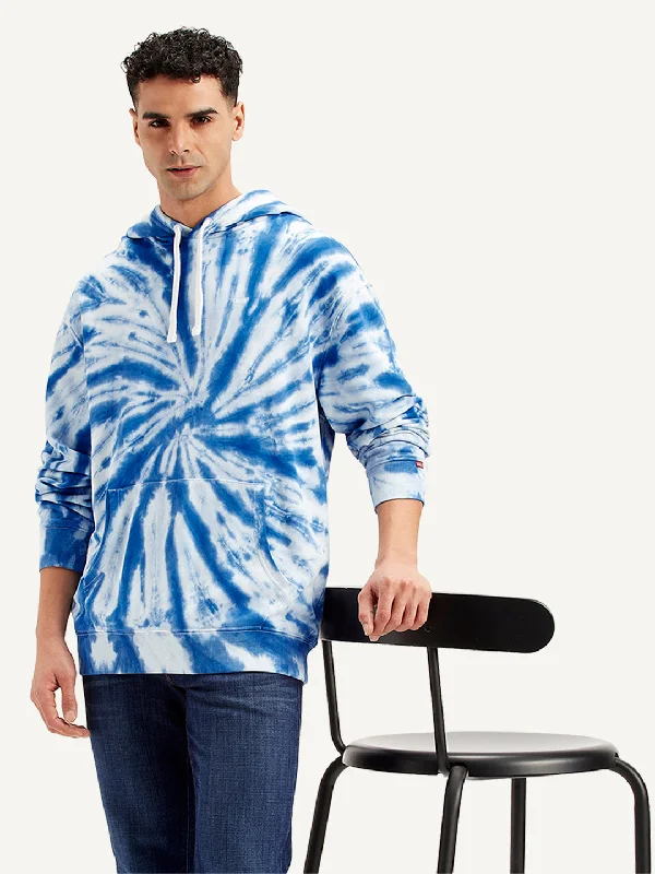 Men's hoodie for cozy nights-Men's Tie-Dye Blue Hooded Sweatshirt