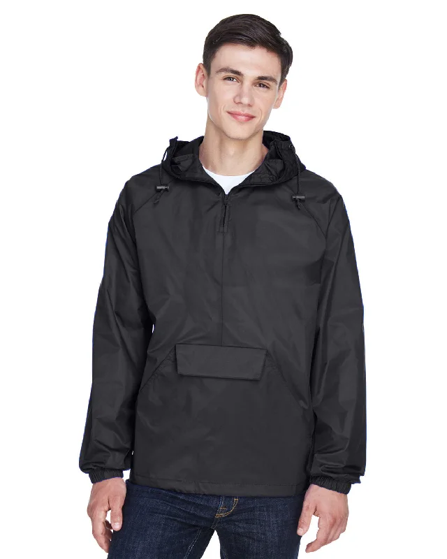 Men's seasonal jackets-UltraClub Adult Quarter-Zip Hooded Pullover Pack-Away Jacket